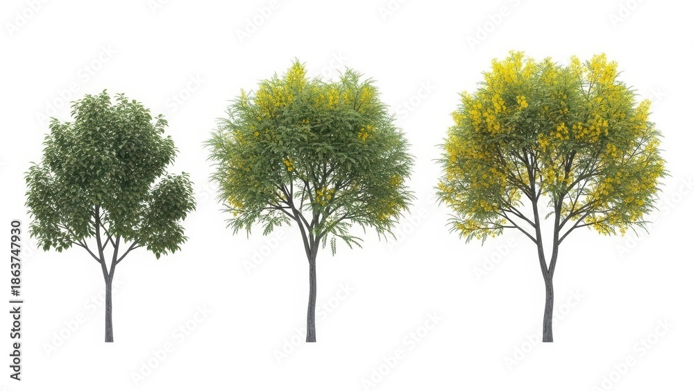 Fototapeta premium Three Realistic 3D Trees on White, Isolated, Render, Nature Elements