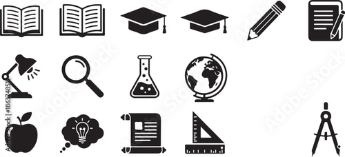 A collection of black and white education icons on a white background