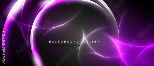 Abstract purple light curves form dynamic background. Dark shades dominate, creating futuristic visual effect. Text reads background design.