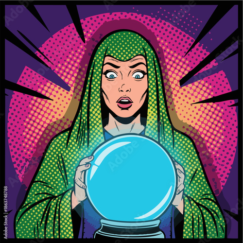 Pop Art Seeress Gazing into Magical Crystal Ball Illustration