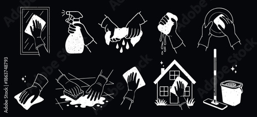Cleaning the house, washing windows, floors, dishes, rubber gloves washing the floor. Vector black and white illustration on a black background.