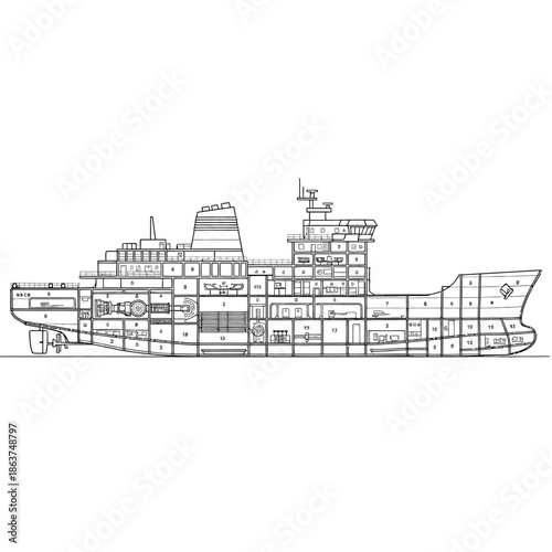 Detailed Blueprint Illustration of a Large Passenger Ferry Ship.