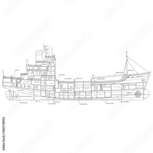 Detailed Blueprint of a Cargo Ship Showing Internal Structure and Layout.
