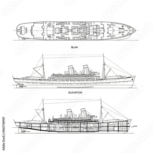 Detailed Blueprint of a Classic Ocean Liner Showing Plan and Elevation Views.
