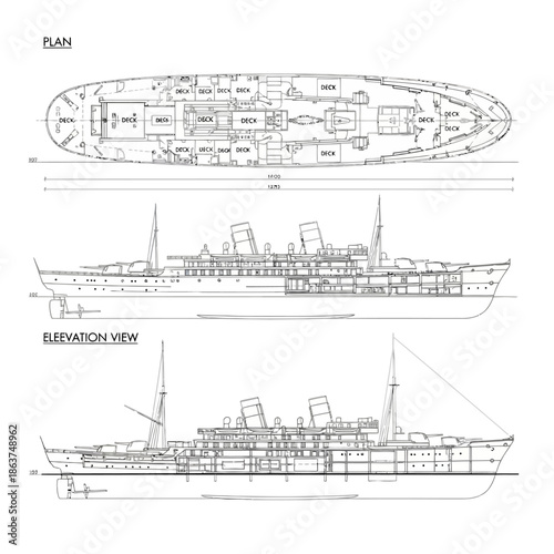 Detailed Blueprint of a Historic Passenger Ship Showing Plan and Elevation Views.