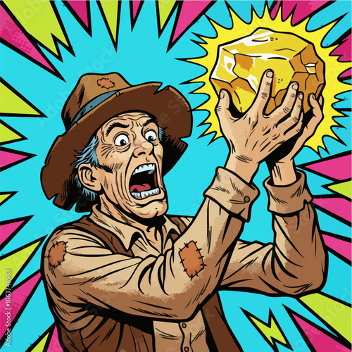 Prospector Finds Massive Gold Nugget Pop Art Illustration