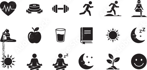 A collection of black icons representing healthy lifestyle choices