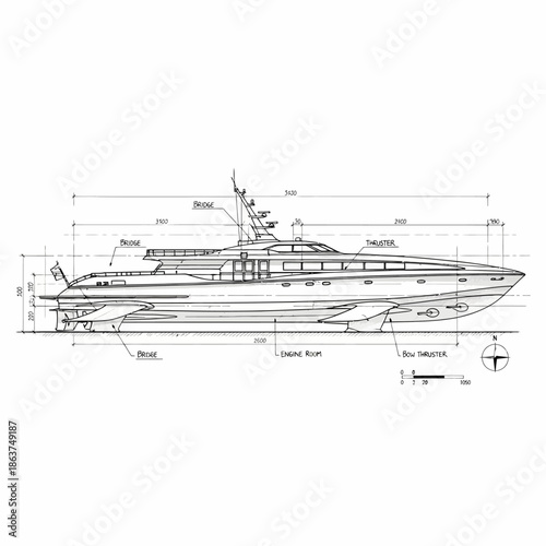 Detailed Blueprint of a Modern Luxury Yacht with Dimensions and Specifications.