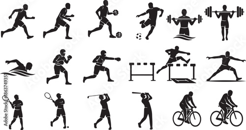A collection of black silhouettes depicting various sports and fitness activities