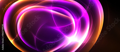 Bright abstract energy swirls, vibrant purple hues dominate, orange accents glow. Dynamic light creates captivating visual effect.