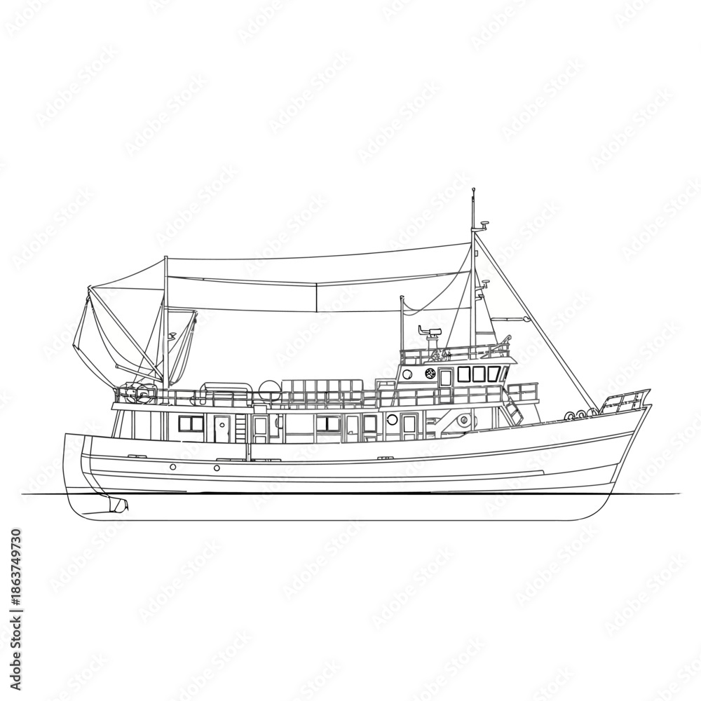 Obraz premium Detailed Line Drawing of a Classic Passenger Boat.