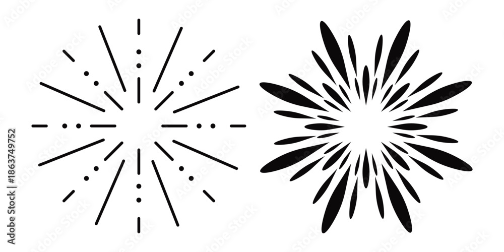 Obraz premium A collection of various festive fireworks displays, Festive fireworks. New year banner. Happy holiday celebration party with black fireworks.