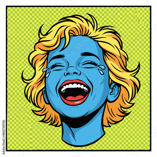 Pop Art Illustration of Hysterical Joyful Woman Crying Laughing