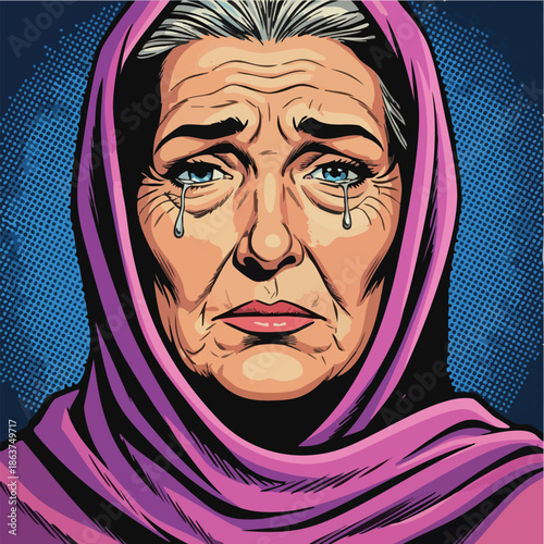 Sad Older Woman Crying Vector Pop Art Illustration