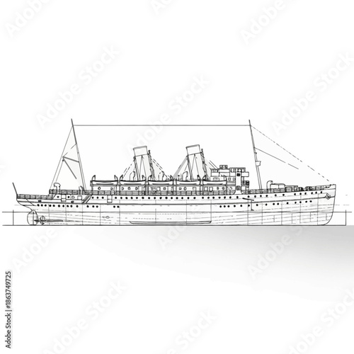 Detailed Line Drawing of a Classic Ocean Liner Ship.