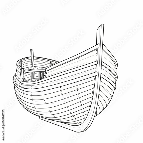 Detailed Line Drawing of a Wooden Boat Under Construction.