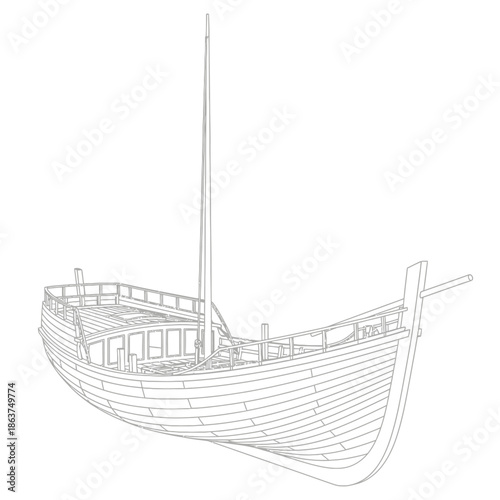 Detailed Outline Drawing of a Historic Sailing Ship.