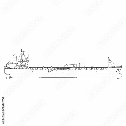 Detailed Outline of a Large Cargo Ship on White Background.