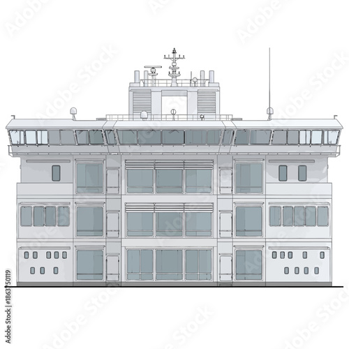 Modern Ship Bridge Superstructure with Observation Decks and Windows.