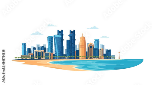 Modern coastal city skyline illustration featuring towering skyscrapers, sandy beach, and tranquil sea. Ideal for urban development, travel, and designs