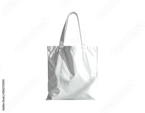 Plain white cloth tote bag with handles, on a black background