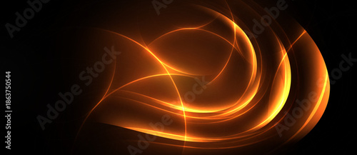 Abstract orange lines swirl against dark background. Bright energy radiates, creating dynamic visual effect. Smooth curves suggest movement, warmth.