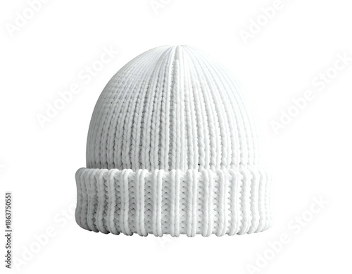 A white knitted winter beanie, smooth and ribbed