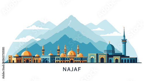 Najaf, Iraq cityscape vector art. Historic mosques, prominent domes, and minarets against stylized mountains. Represents cultural and religious heritage