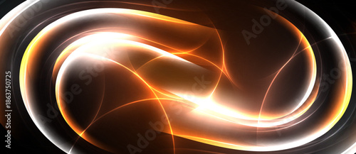 Abstract glowing form. Orange, white light radiates from center. Dark background emphasizes swirling energy, dynamic composition.