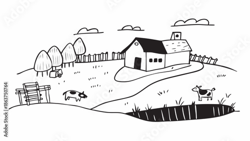 Charming rural farmhouse with cows grazing in a serene landscape