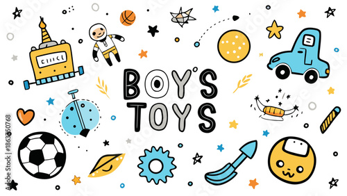 Vibrant boy's toys collection with fun illustrations and playful designs