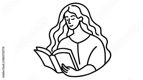 Woman reading a book with calm and focused expression