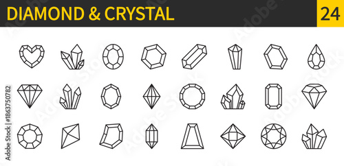 Diamond & crystal icon set. Jewel black line sign. Brilliant symbol collection. Precious stone, gemstone. Editable stroke. Vector illustration. Isolated on a white background. Flat design.