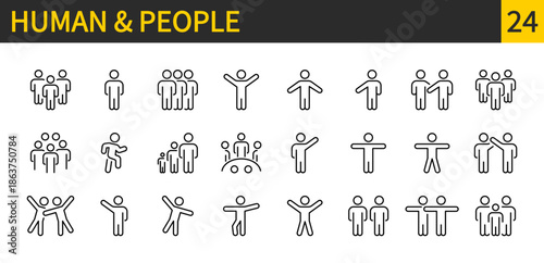 Human & people icon set. Person, group of people, team, teamwork concept. Figures in different poses. Black line sign, symbol collection. Editable stroke. Vector illustration. Flat design.