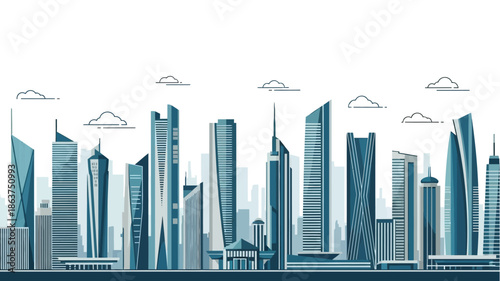 Modern city skyline with diverse skyscrapers against a white background, showcasing contemporary urban architecture