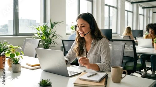 A cheerful young professional is actively engaged in a virtual communication session, wearing a headset with a microphone and interacting with her laptop. She smiles genuinely, conveying an approachab