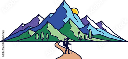 Stylized vector illustration depicts a lone hiker trekking toward a majestic range of layered colorful mountains under the bright midday sun, symbolizing adventure.