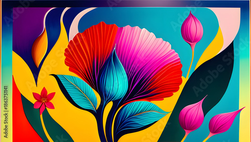 A bright flower with red, pink, and blue petals among pink blooms and green leaves.