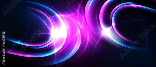 Bright abstract swirls, vibrant pinks, blues radiate from central light source. Dynamic energy, smooth curves create captivating visual effect.