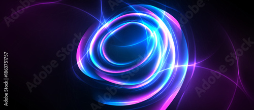 Bright swirling lights form abstract circular patterns. Vivid blues, purples create dynamic energy, glowing effect. Dark background emphasizes luminosity.