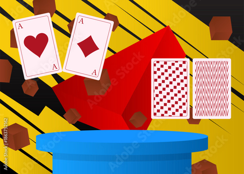 Mockup product display with Poker Playing Card. Vector cylinder pedestal podium. Stage showcase for presentation. Minimal geometric forms.