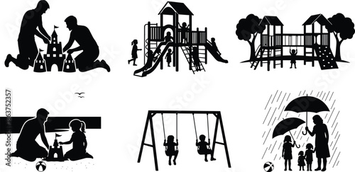 children outdoor play, adult care, playground scene, beach activity, rain shelter, silhouette art, family time, cad drawing flat vector illustration