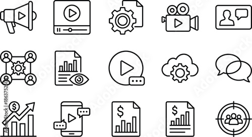 Video marketing and content management line icons set illustrating media production analytics communication growth monetization digital strategy performance