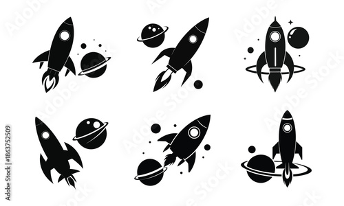 Set Of Black Rocket Ship And Planet Space Exploration Vector Icon Silhouettes.
