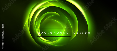Abstract green neon circles radiate from center. Dark background enhances glowing effect. Text reads background design. Simple, modern aesthetic.