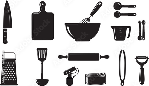A collection of kitchen utensils and tools on a white background