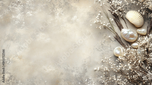 A soft, textured background with seashells and pearls arranged alongside delicate white flowers. Ideal for beach-themed designs or elegant invitations.