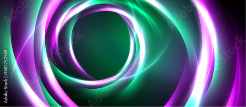 Abstract swirls, vibrant colors, concentric circles create dynamic visual effect. Dark background emphasizes glowing neon shapes.