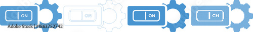 Blue gear with O N switch and outline and dotted variations cogwheel