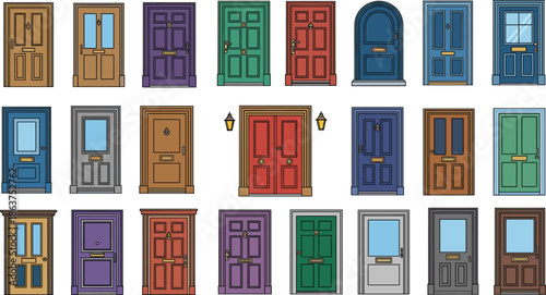 door design collection, architectural styles, colorful doors, panel variation, glass panes, double door, vintage look, cad drawing flat vector illustration